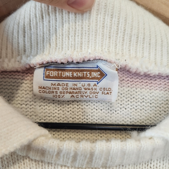VTG‎ Fortune Knits Collared Sweater Size XL Pink Cream Stripe Crew Preppy Retro - Picture 2 of 5